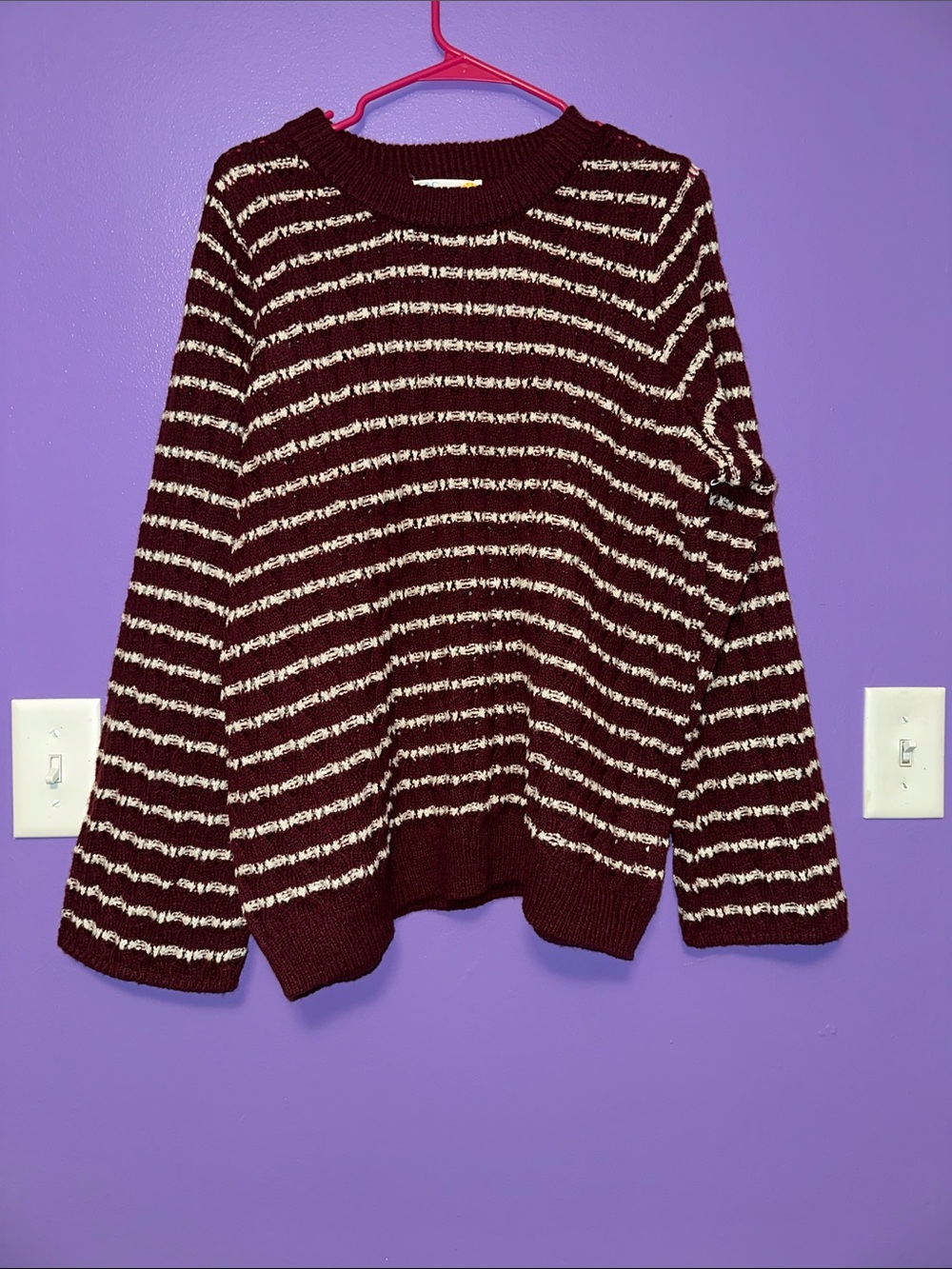 C&C California Burgundy and Cream Striped Crewneck Sweater